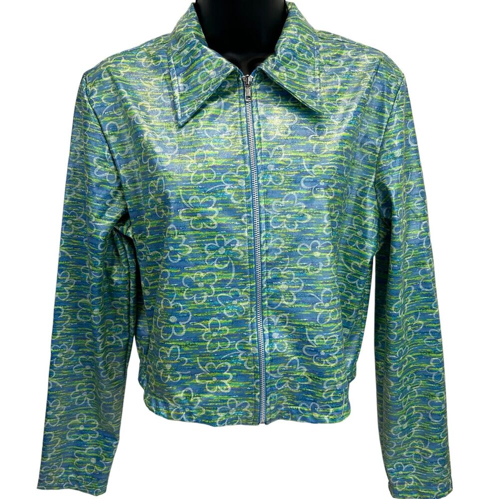 Vintage 90s 5-7-9 Cropped Rain Jacket Green Floral 579  Juniors Womens M Medium